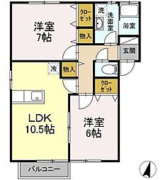リースランド中府　B 2階2LDKの間取り