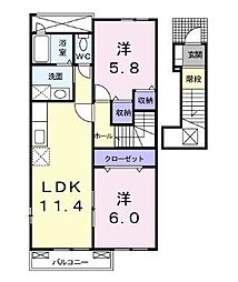 クリアストリーム　B 2階2LDKの間取り