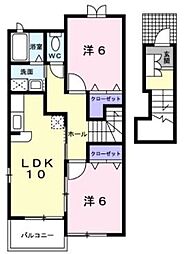 ル・レーヴB 2階2LDKの間取り