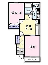 ポム・ド・テールＢ 1階2DKの間取り