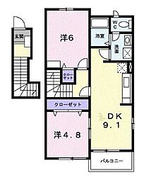 レザン・ラブールA 2階2DKの間取り