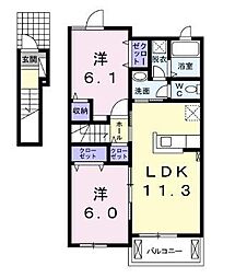 アンドーレ上新田 2階2LDKの間取り