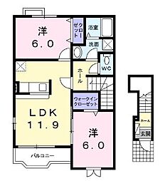 ハピネス村山A棟 2LDKの間取図画像