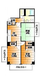 JR可部線 下祇園駅 徒歩3分の賃貸マンション 2階3DKの間取り