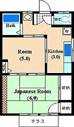 御殿ハイツ 1階2Kの間取り