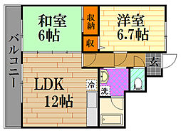 広島高速交通アストラムライン 牛田駅 徒歩9分の賃貸マンション 1階2LDKの間取り