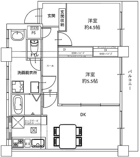 ダイニングキッチンと二つの洋室で構成された、使い勝手の良い間取りです。各部屋収納付きで、すっきりとした居住空間が実現します。
