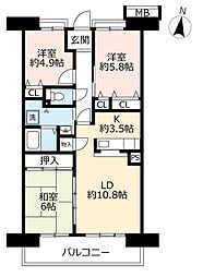 UR都市機構アーバンラフレ小幡7号棟 3LDKの間取図画像