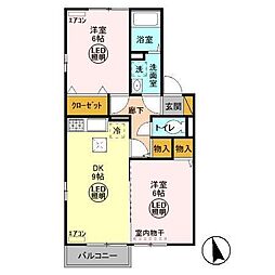 ソシアルハイツ B 1階2DKの間取り