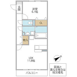 コスモパーク C 2階1LDKの間取り
