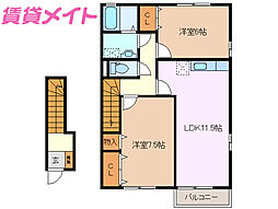 フローラルパークス　B 2階2LDKの間取り