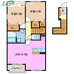 ピクシー　ヒルズ　Ｂ 2階2LDKの間取り