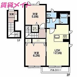 リーフガーデンハイツB棟 2LDKの間取図画像