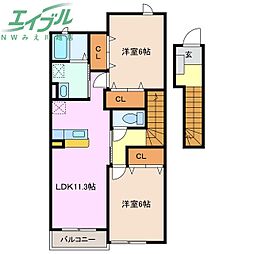 フォレスト　ハナミズキＡ 2階2LDKの間取り