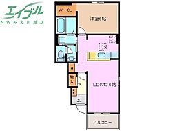 ビオトープあさひＢ 1階1LDKの間取り