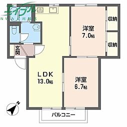 メルベール西富田 2階2LDKの間取り