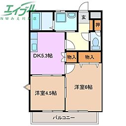 ファミール下之宮1 2階2DKの間取り