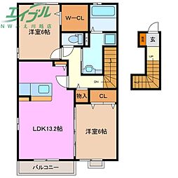 トレフル ブラン　A棟 2階2LDKの間取り
