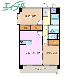 プリリアンスＴＡＫＥＫＯＳＨＩ　Ａ 2階2LDKの間取り