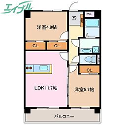 プリリアンスＴＡＫＥＫＯＳＨＩ　Ａ 2階2LDKの間取り