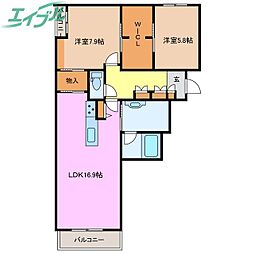 シャーメゾンソレイユ 2階2LDKの間取り