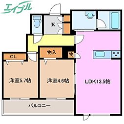 シャーメゾンソレイユ 2階2LDKの間取り