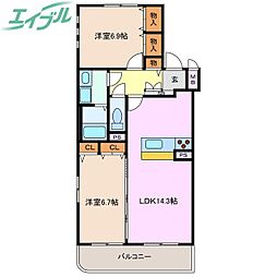 クレール大井手 1階2LDKの間取り
