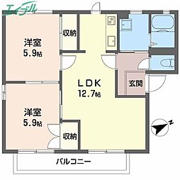 ルミエール城西　Ａ棟 2階2LDKの間取り