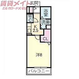 ガノスＢ棟 2階1Kの間取り