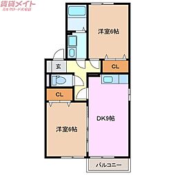 ホクト　A 2階2DKの間取り