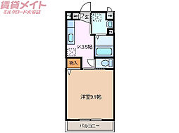 ラフィネ大安B棟 2階1Kの間取り