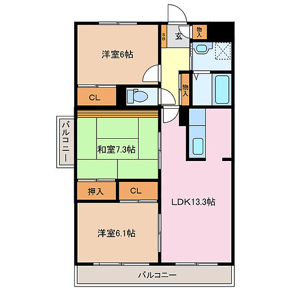 ディアコートＳＡＫＵＲＡＤＡＩ　Ｂ棟 303｜三重県四日市市桜台本町(賃貸マンション3LDK・3階・70.44㎡)の写真 その2