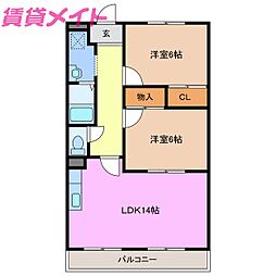 パークサイド笹野 3階2LDKの間取り