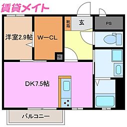 ユトリロ B棟 1DKの間取図画像