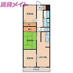 近鉄鈴鹿線 平田町駅 徒歩14分の賃貸マンション 2階3LDKの間取り