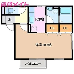 近鉄鈴鹿線 三日市駅 徒歩9分の賃貸アパート 2階1Kの間取り