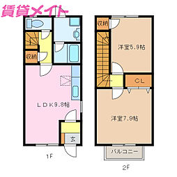 近鉄名古屋線 箕田駅 徒歩5分の賃貸テラスハウス 1階2LDKの間取り