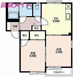 近鉄鈴鹿線 三日市駅 徒歩7分の賃貸アパート 1階2DKの間取り