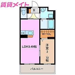 近鉄鈴鹿線 平田町駅 徒歩8分の賃貸マンション 3階1LDKの間取り