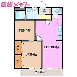 シティハイツ萩Ｂ棟 2階2LDKの間取り