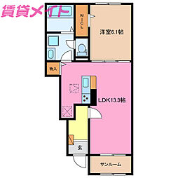 亀山市上野町アパート 1LDKの間取図画像