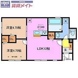 リーブルファイン津興2号棟 1階2LDKの間取り