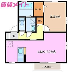 シダーフィールド　A 2階1LDKの間取り