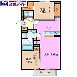 鈴鹿市須賀3丁目アパート 2LDKの間取図画像