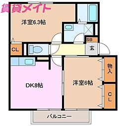 プレミール・ポヌールC棟 2DKの間取図画像