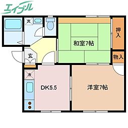 ジゼルB 1階2DKの間取り