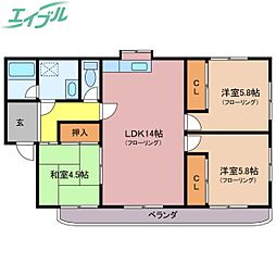 第2シャトーナツヤマ 2階3LDKの間取り