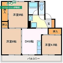 ビレッジハウス伊勢南部1号棟 4階3DKの間取り