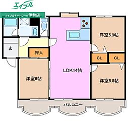 第2シャトーナツヤマ 3LDKの間取図画像