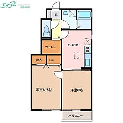 サンライズヒルズ　B棟 1階2DKの間取り